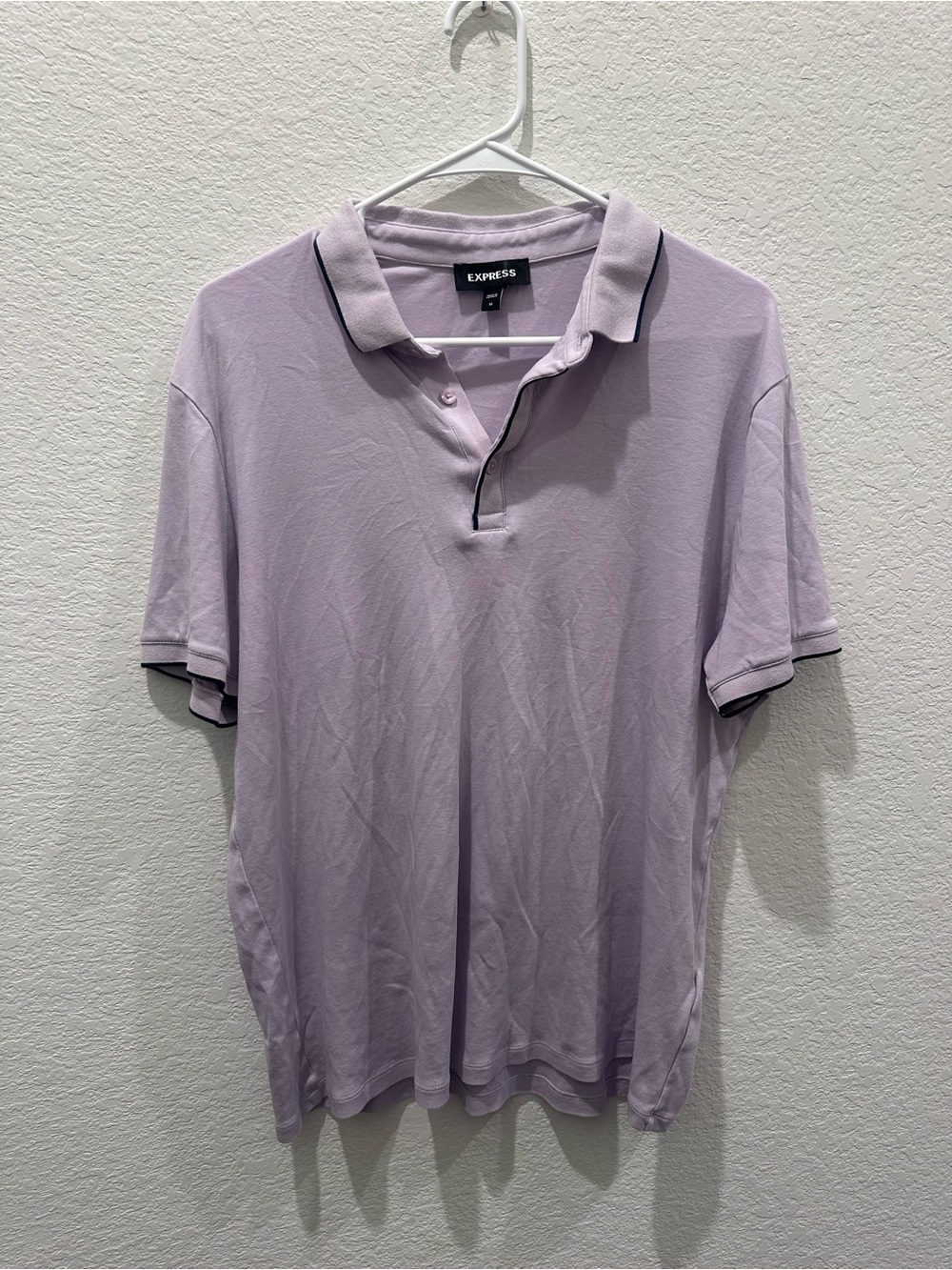 Express Mens Short Sleeve Tipped Polo Shirt Lavender Purple Navy Blue Trim M